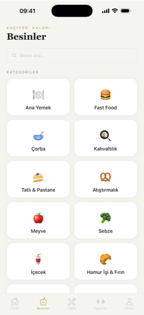 Kaçıyor: Calories — besin listesi